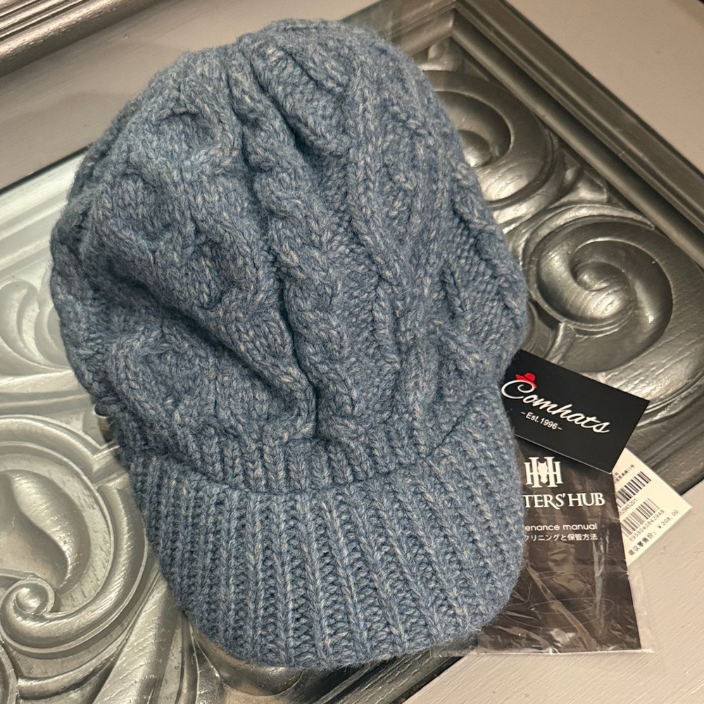 Comhats Cozy Blue Cable Knit Visor Beanie Cap